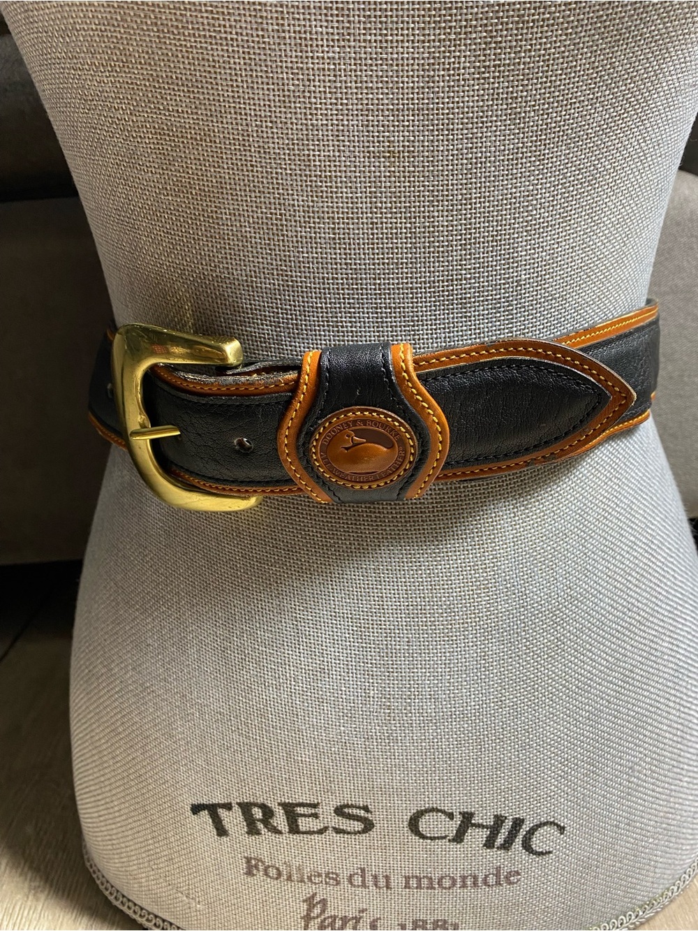 VTG Dooney & Bourke All Weather Leather Belt Black Pebbled British Tan Trim